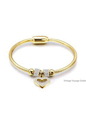 Stainless Steel Heart Charm Bangle Cuff Bracelet for Women
